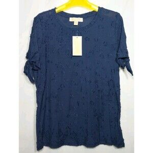 Michael Michael Kors Top Womens M Navy Blue Textured Floral Tie Sleeve Stretch